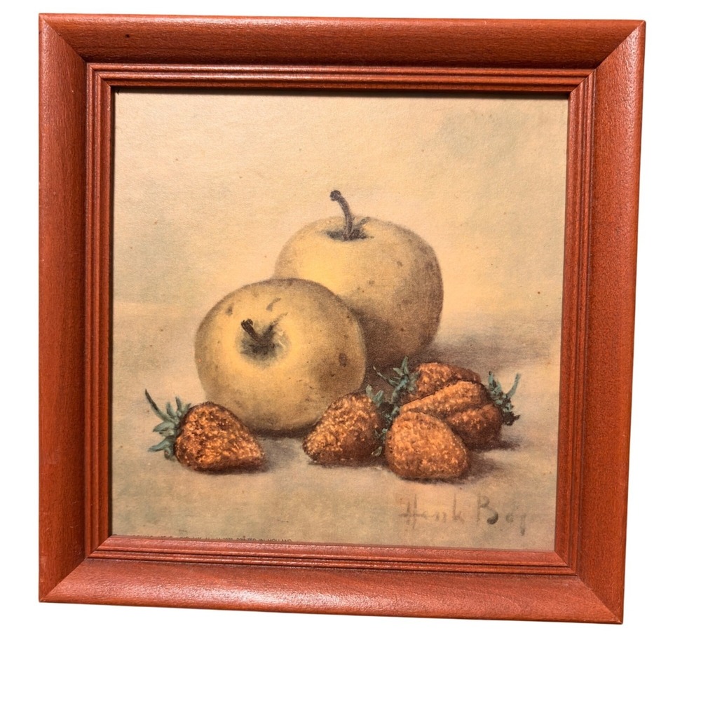 VTG Framed Still Life Art Print MCM Apples Strawberries By Artist Hank Bog 7x7‎